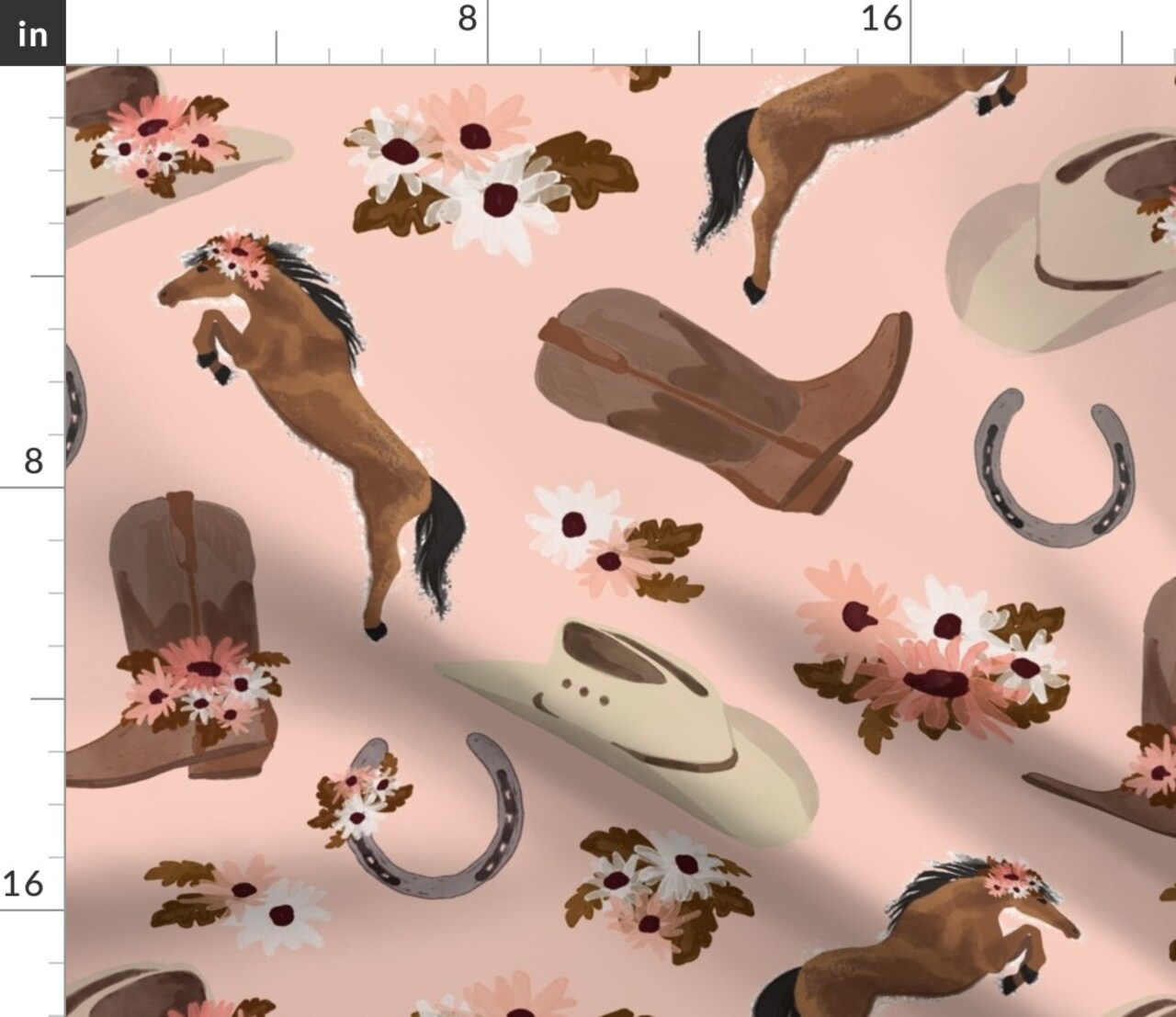 Cowgirl Western Country Floral Horses Horseshoe Cowboy Hat Country Girl Horse Girl Pink White Flowers Country Boots Rustic Farm Custom Printed Fabric by Spoonflower Various Fabrics by the Yard or Fat Quarter